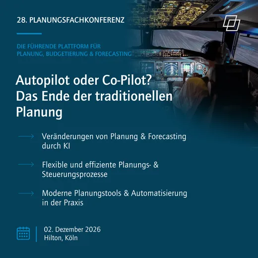 Key Visual der 28. Planungsfachkonferenz: Blick in ein Flugzeugcockpit, Motto Autopilot oder Co-Pilot? Das Ende der traditionellen Planung, 2. Dezember 2026, Hilton Köln.